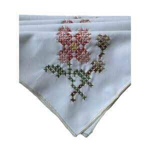 4 White Linen Luncheon Napkins Hand Embroidered Cross Stitch Pink Floral Napkins